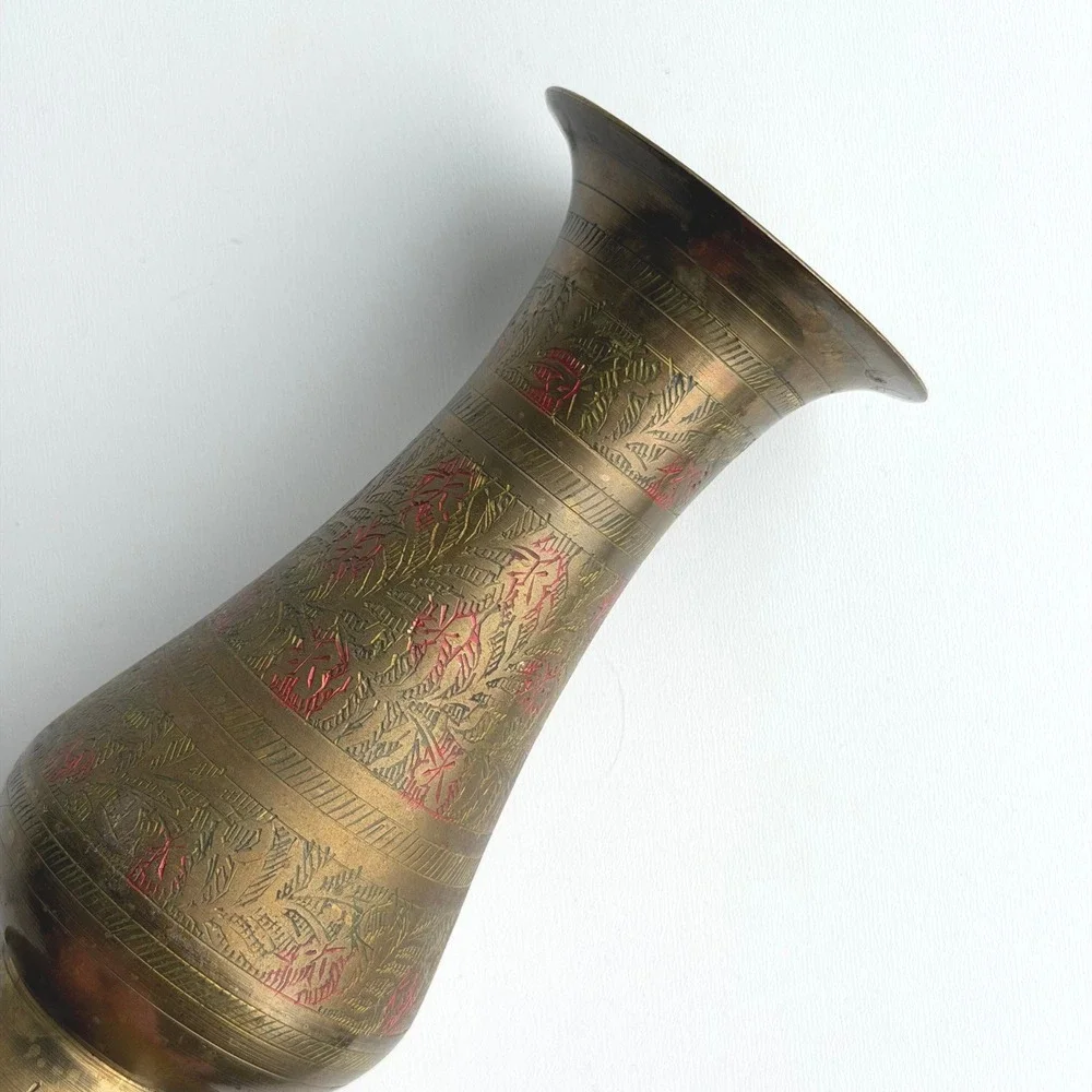 Vintage Etched Brass Vase Gold Red Floral Boho Hand‎ Crafted India Old World